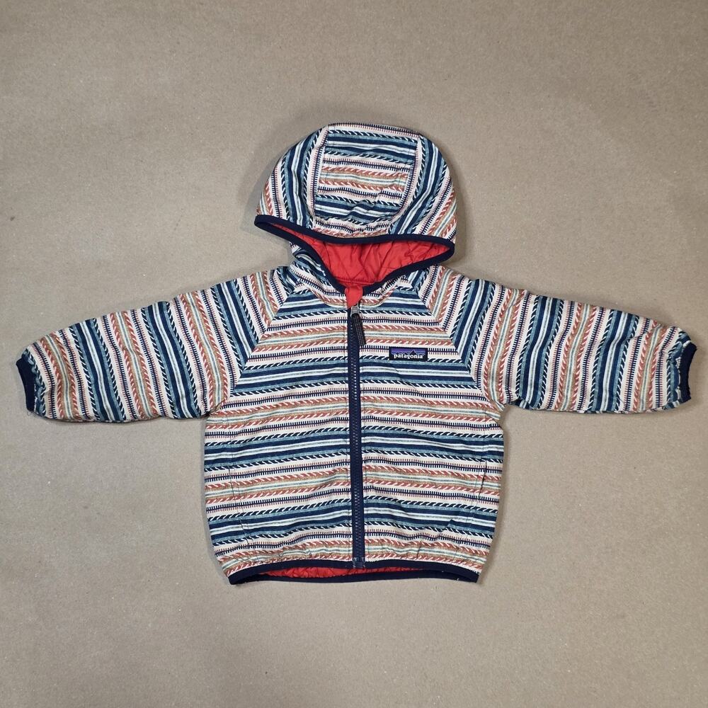 Patagonia Toddler 12-18 M Reversible Puff-Ball Hooded Jacket Blue Stripped EUC